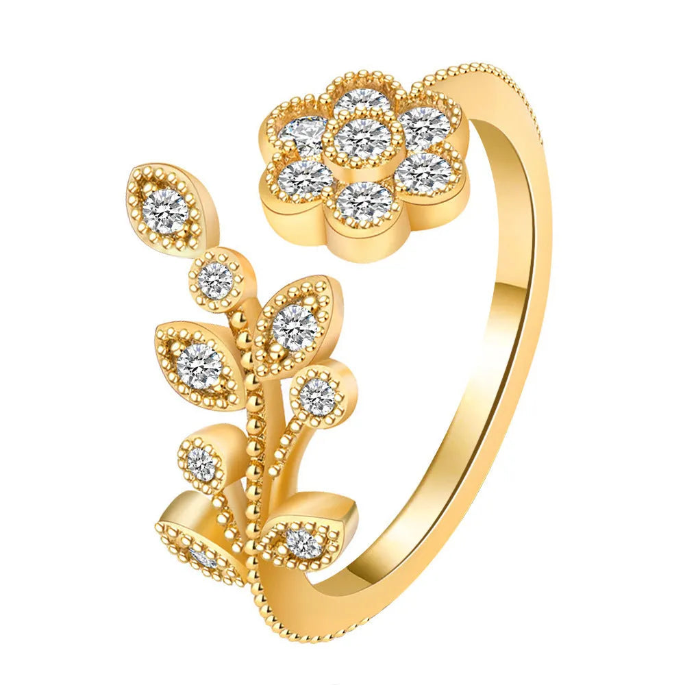 Women's copper open ring with diamond flower and leaf design in gold or white finish