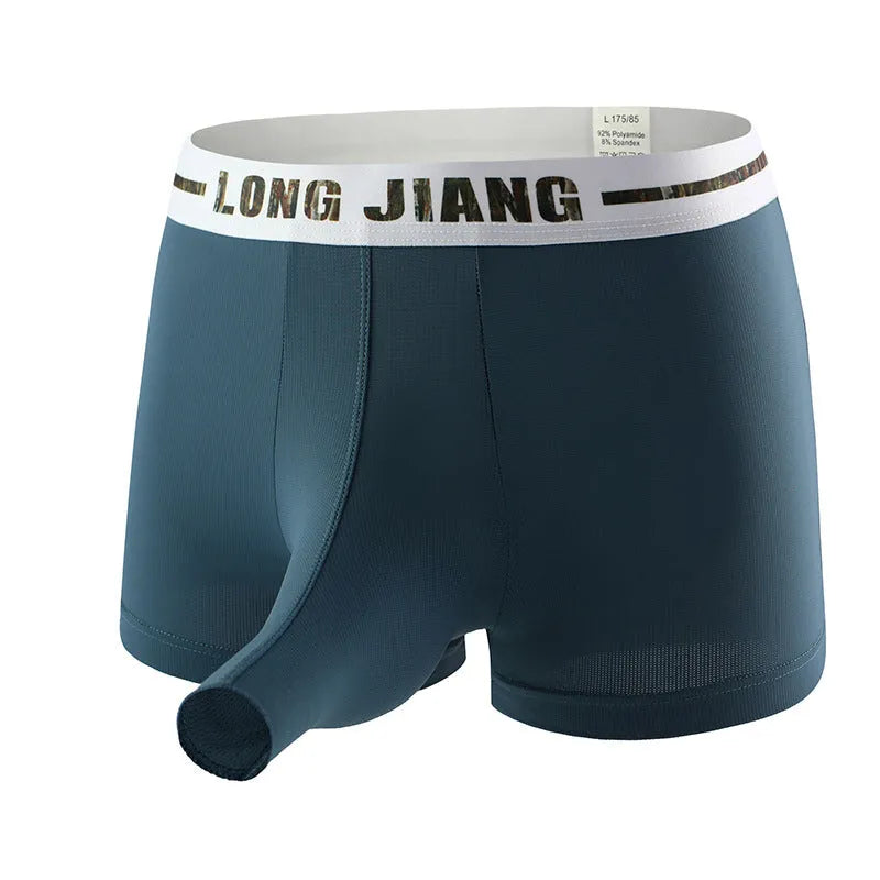 Men's ice silk boxers in solid colours showing mid-waist design and thin fabric texture