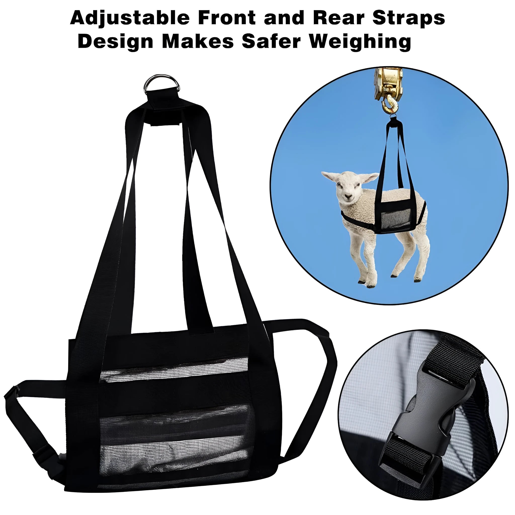 Black polyester livestock weighing sling with four handles, shown measuring 35 cm wide by 150 cm long.
