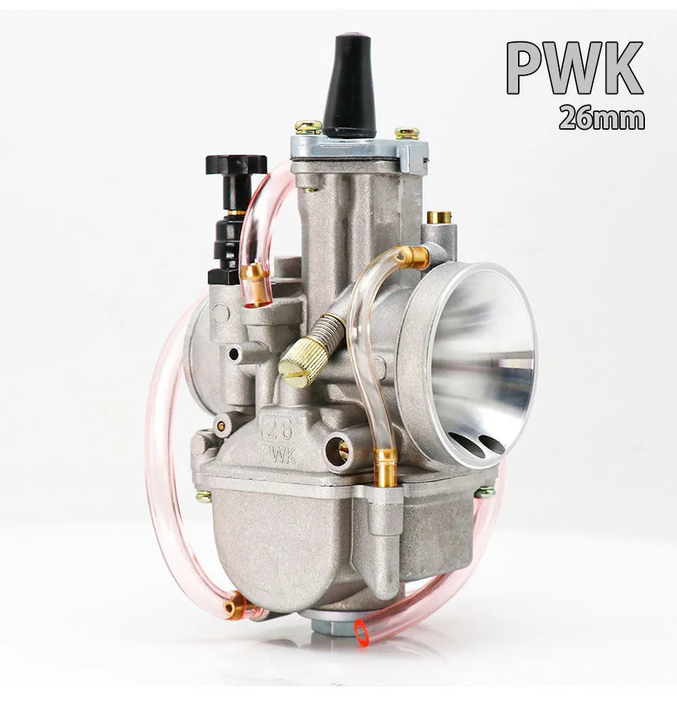 Motorcycle carburettor modification kit with sandblasted finish, showing size options from 21mm to 34mm bore.
