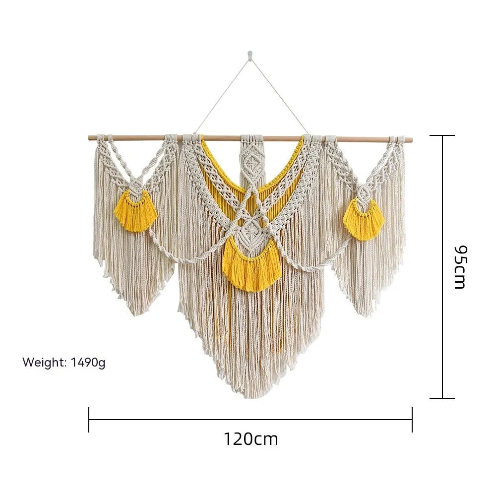 Nordic style creamy-white cotton tapestry with hand-woven yellow accents, rectangular shape 120x95cm