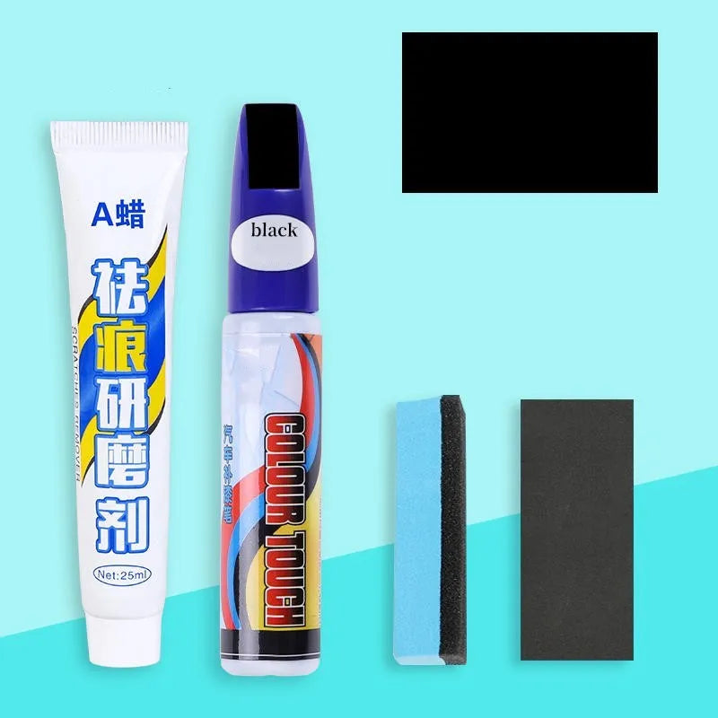 Automotive scratch repair kit with paint pen, wax pen, sponge, and sandpaper