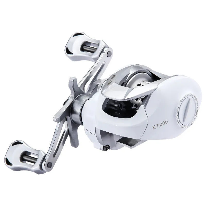 Small white micro baitcasting fishing reel with drip wheel mechanism