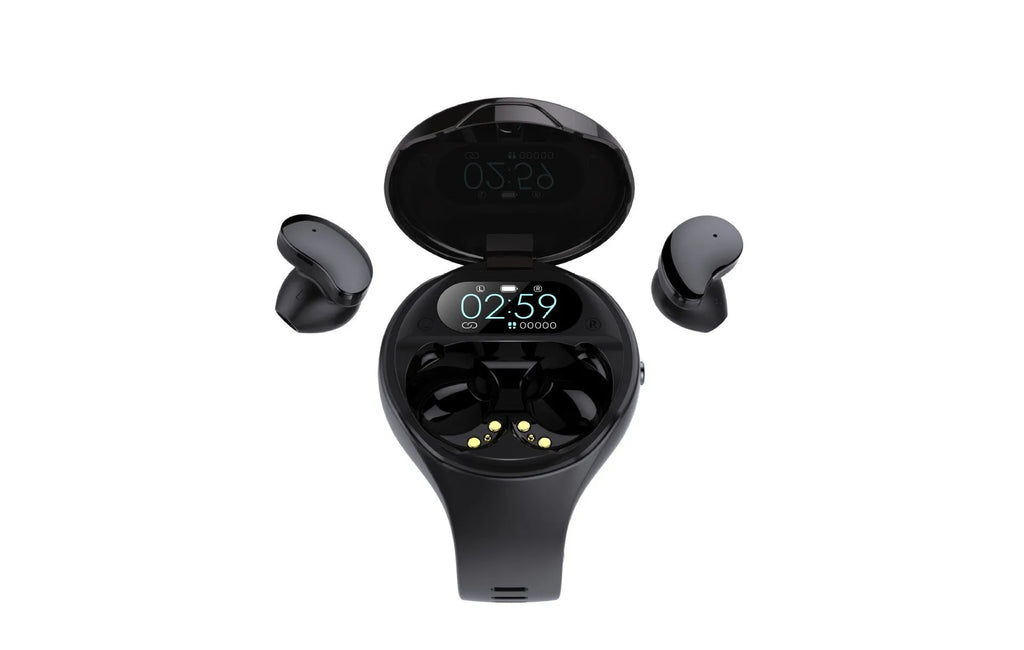 Black detachable smart bracelet and Bluetooth headset combo on a wrist, showing colour screen.