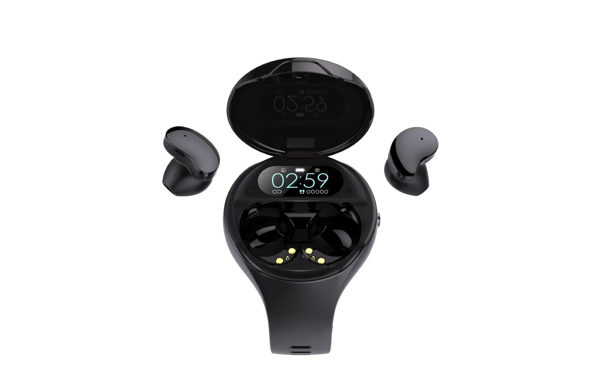 Black detachable smart bracelet and Bluetooth headset combo on a wrist, showing colour screen.