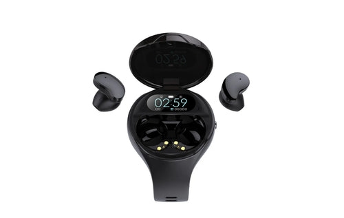 Black detachable smart bracelet and Bluetooth headset combo on a wrist, showing colour screen.