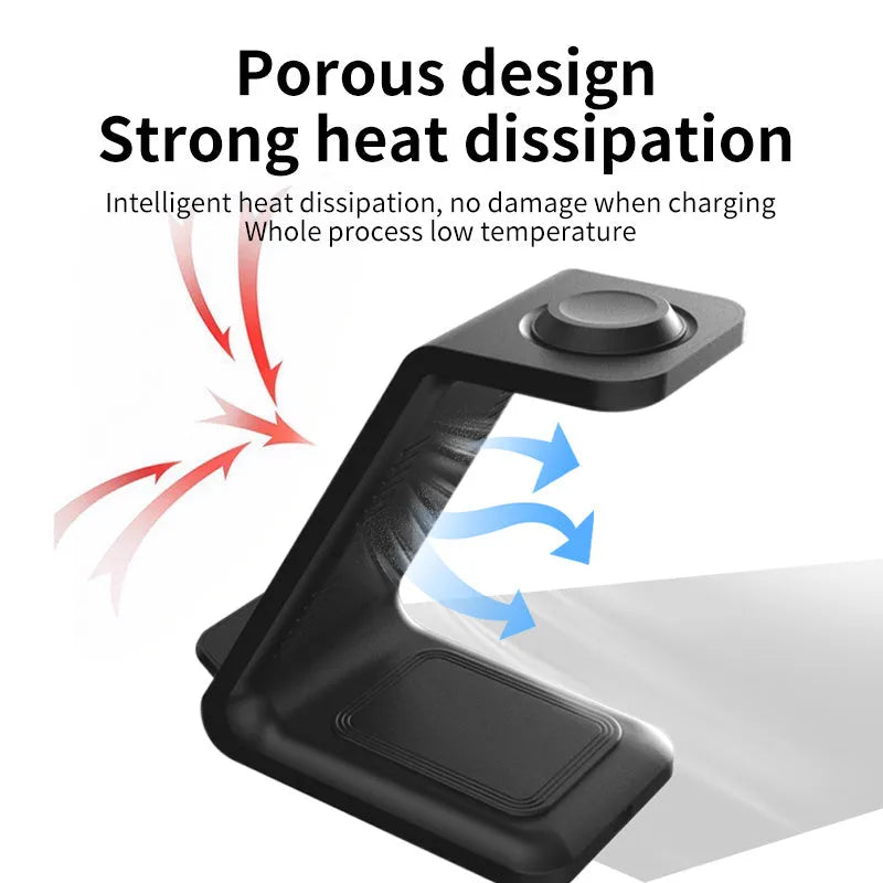 3-in-1 upright mobile phone holder wireless charger in black with Type-C cable on desk
