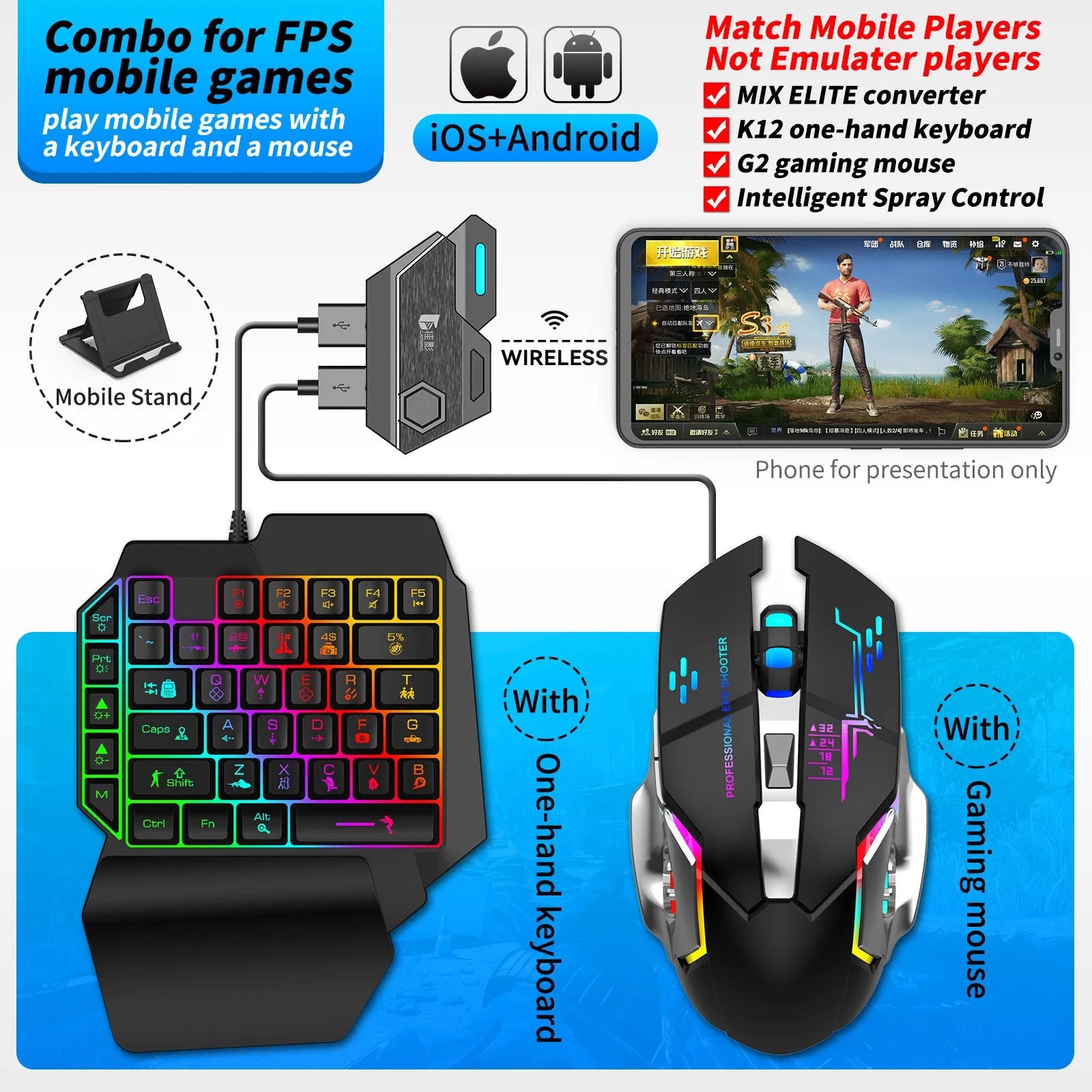 Gaming keyboard mouse converter for mobile devices with USB interface