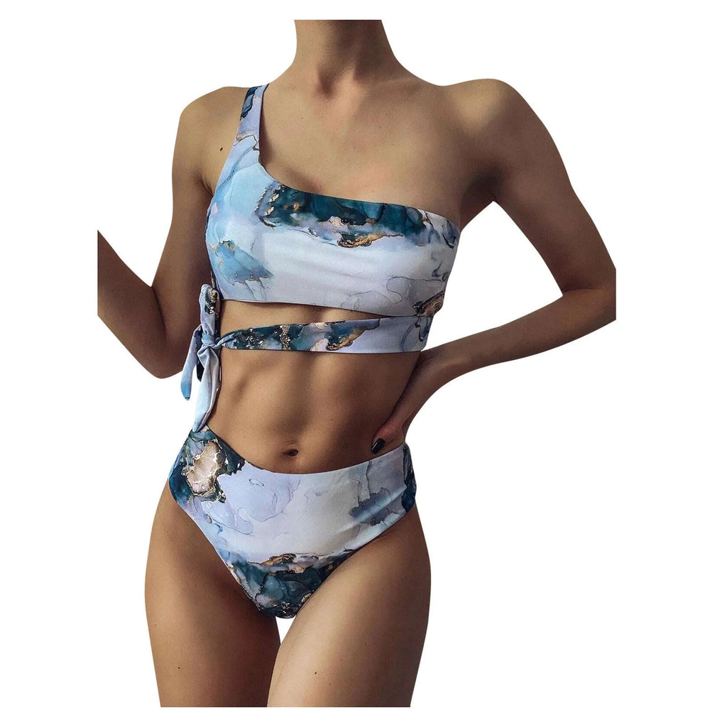 Women's marble tie-dye printed high waist bikini with U-neck design for swimming