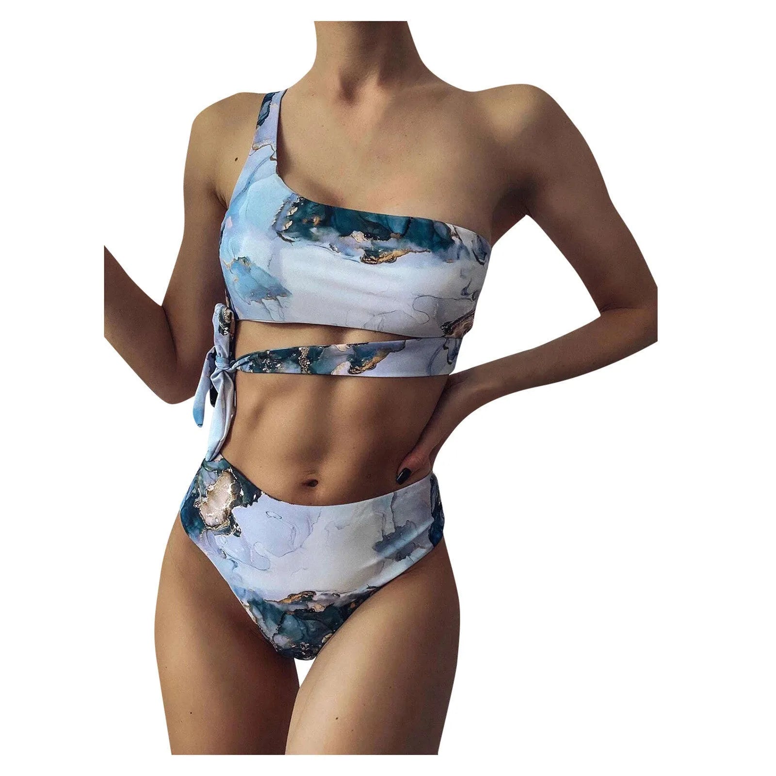 Women's marble tie-dye printed high waist bikini with U-neck design for swimming