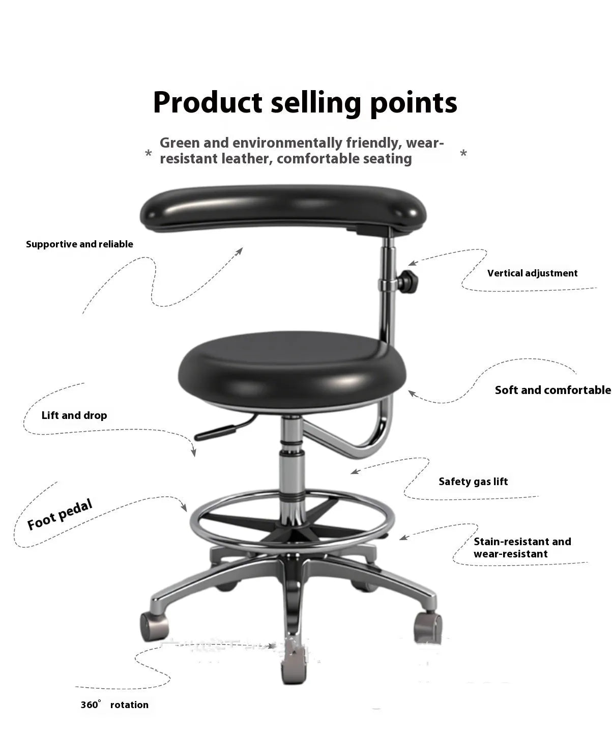 Black leather dental chair with height adjustment and tilt function for hospital use