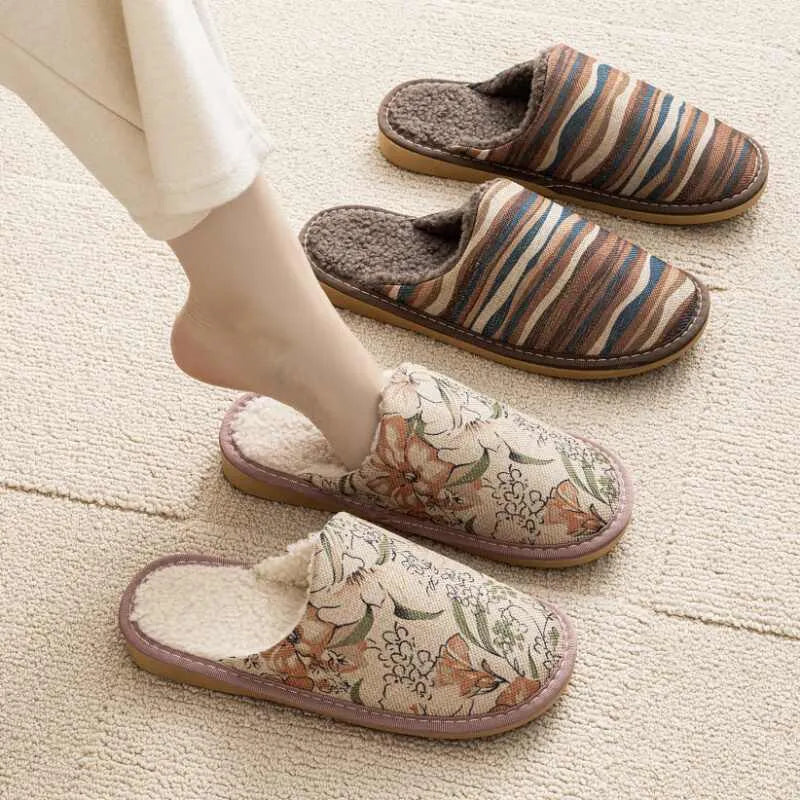 Household cotton slippers with linen surface in floral pattern colours and PVC sole