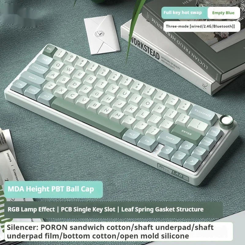 White wireless mechanical keyboard with RGB backlighting and mechanical switches on a desk