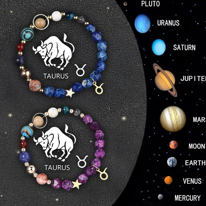 Set of two natural stone beaded bracelets with silver zodiac charms on an adjustable cord.