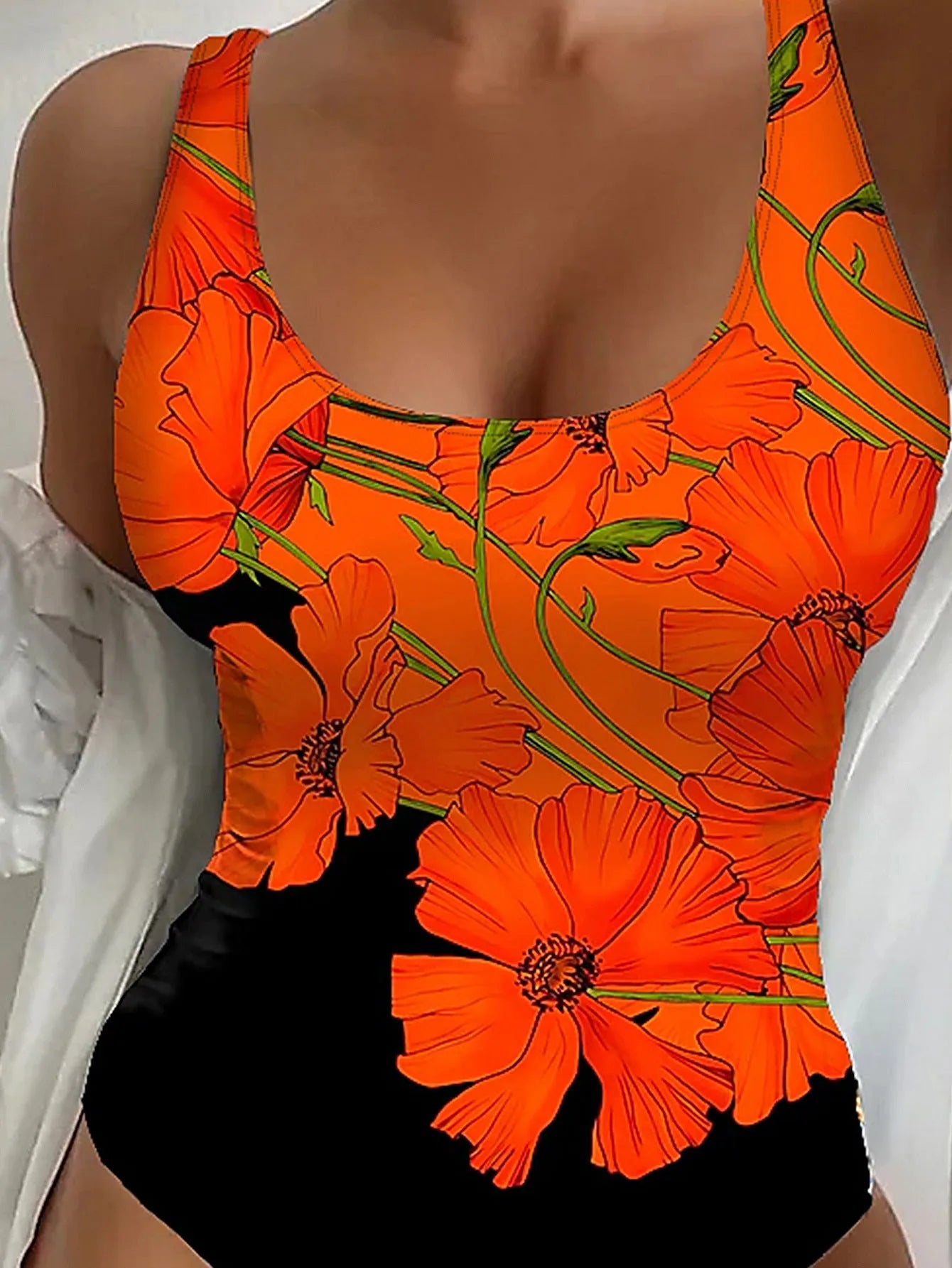 Orange floral print backless one-piece swimsuit with slim fit design