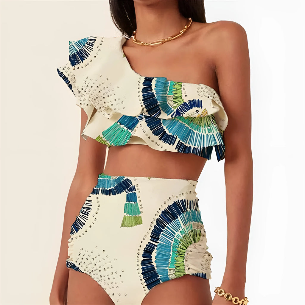 White women's one-shoulder swimsuit with double-layer construction and lotus leaf detailing