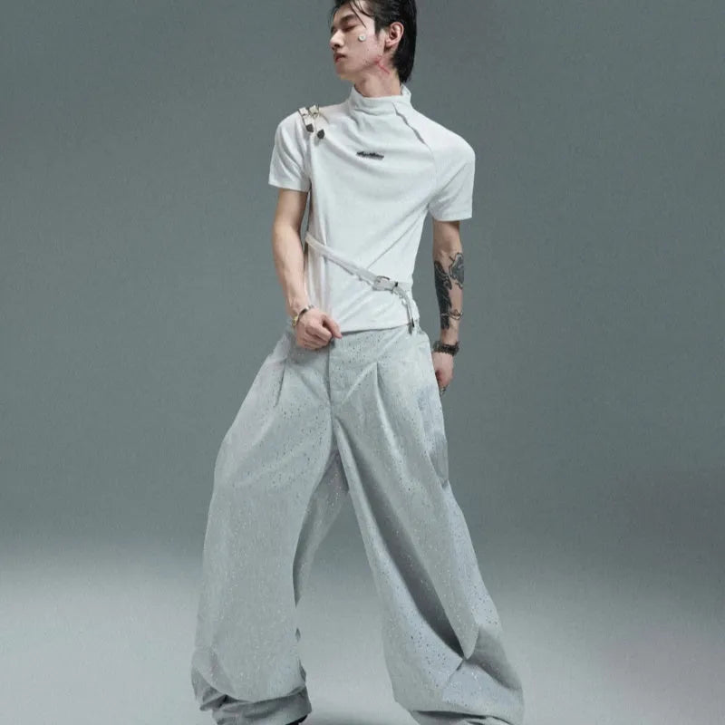 Men's black cotton short sleeve t-shirt with metal belt detail and stand-up collar