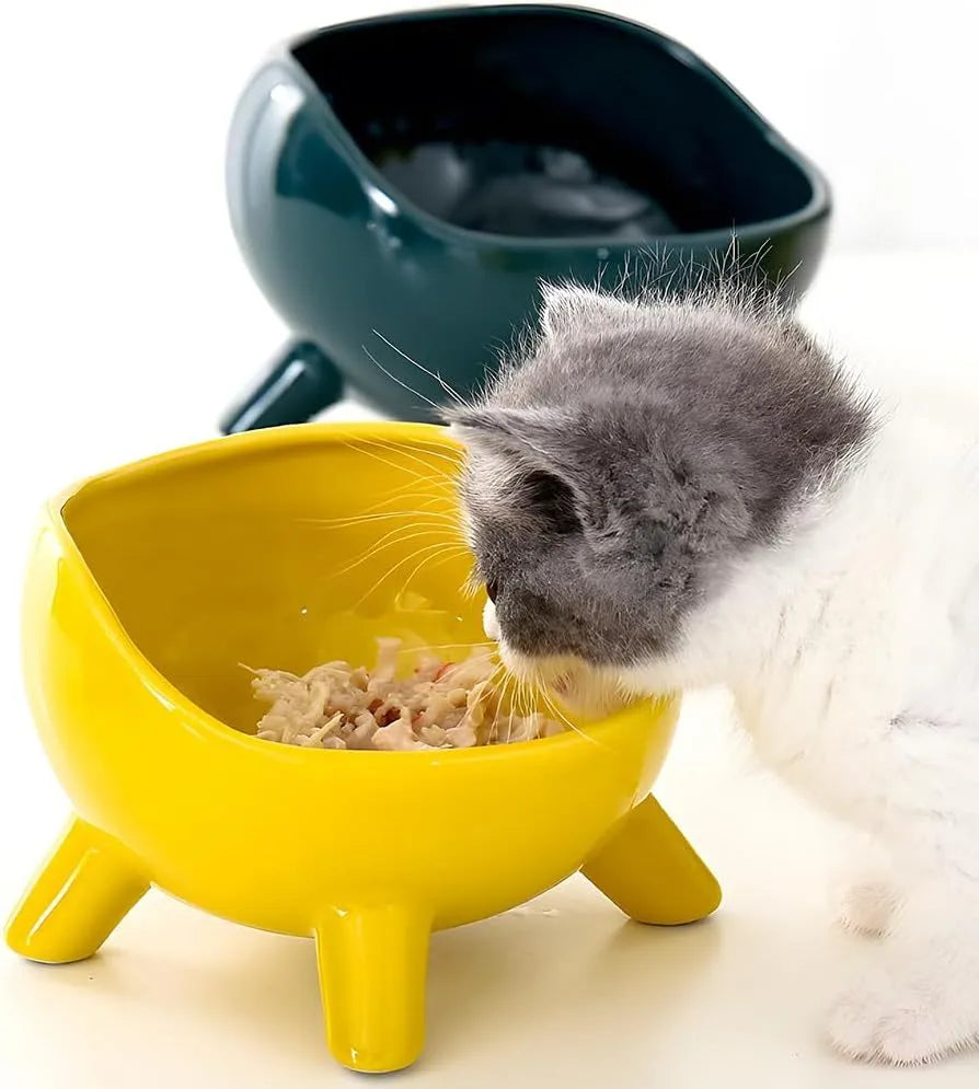 Green ceramic pet food bowl with four-legged base and rounded arc design