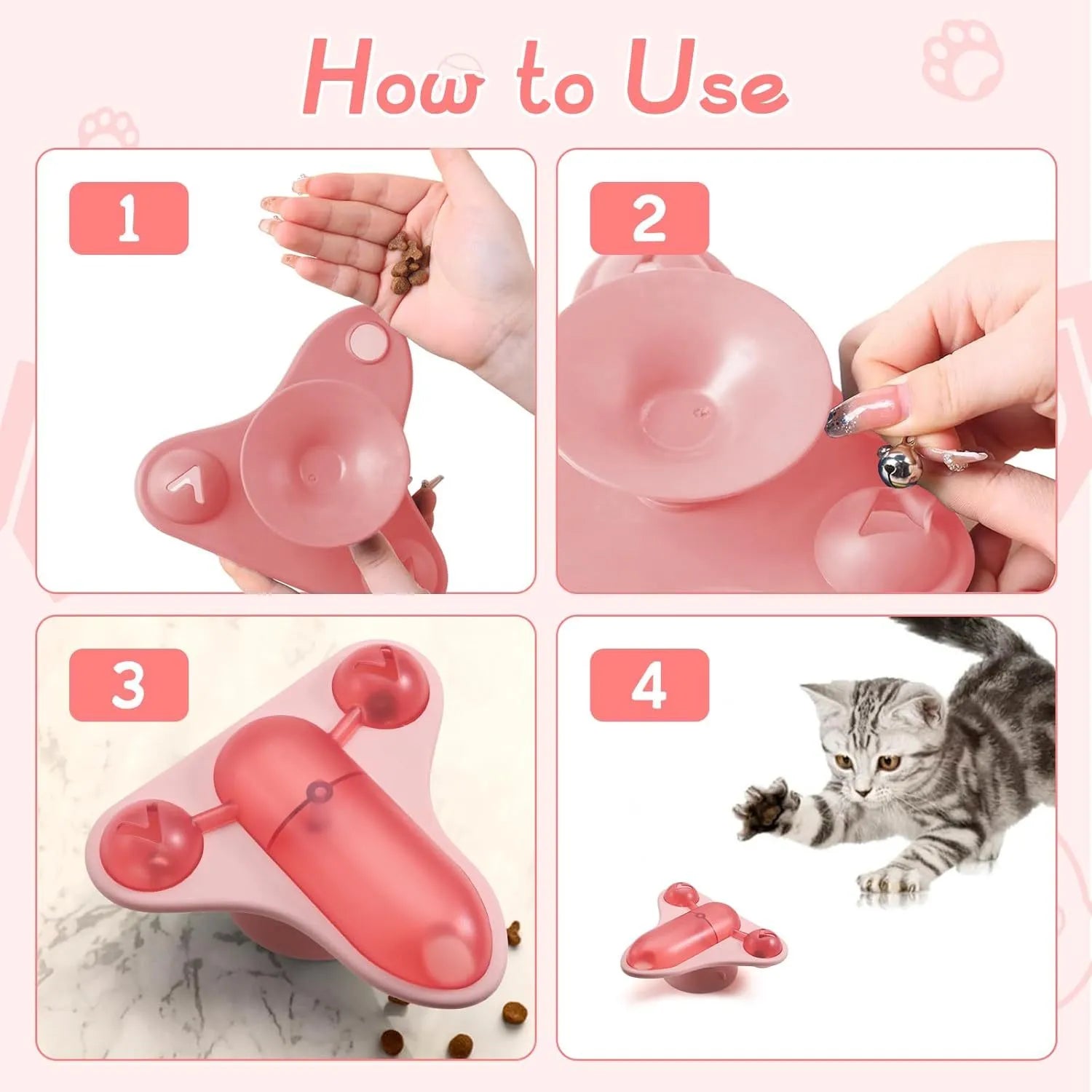Blue interactive pet puzzle feeder toy with bell, catnip, and suction cup base on a floor.