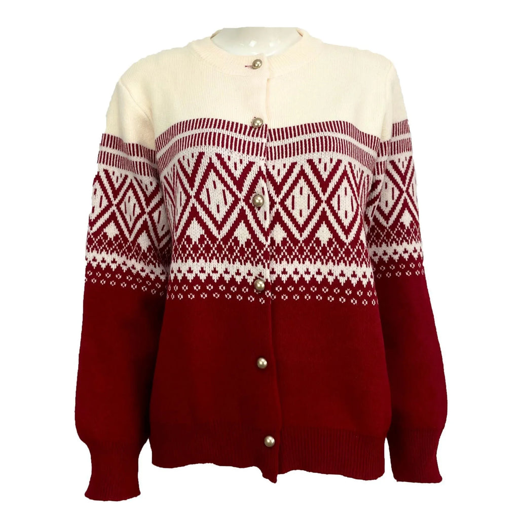 Women's grey alpaca wool cardigan with long sleeves and a red diamond contrast knit pattern.