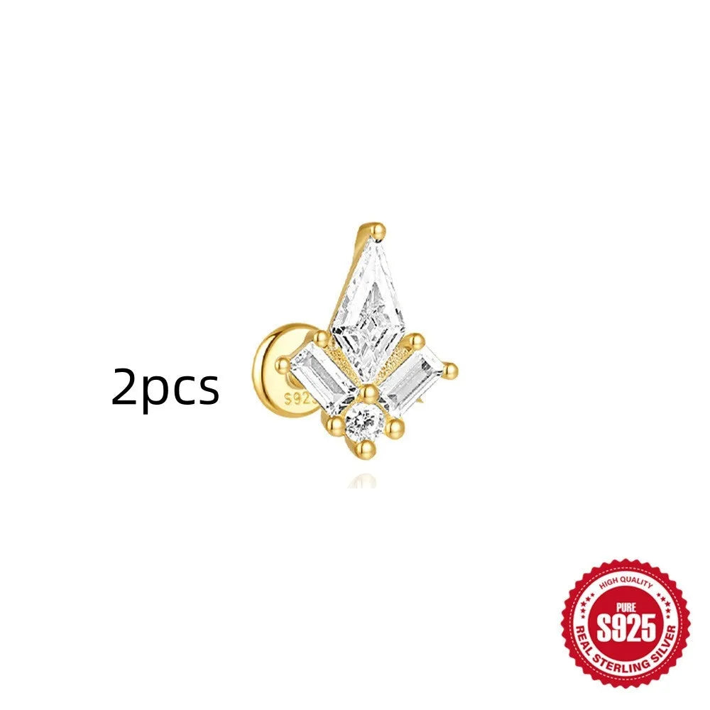 S925 sterling silver geometric kite shaped earrings with chain tassel and rhinestone detailing in gold tone finish