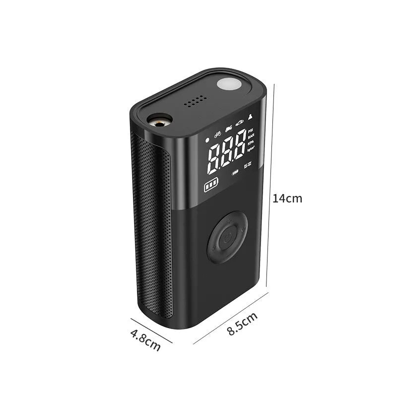 Handheld wireless digital display tyre pump with LED light and multiple nozzle attachments on a white background