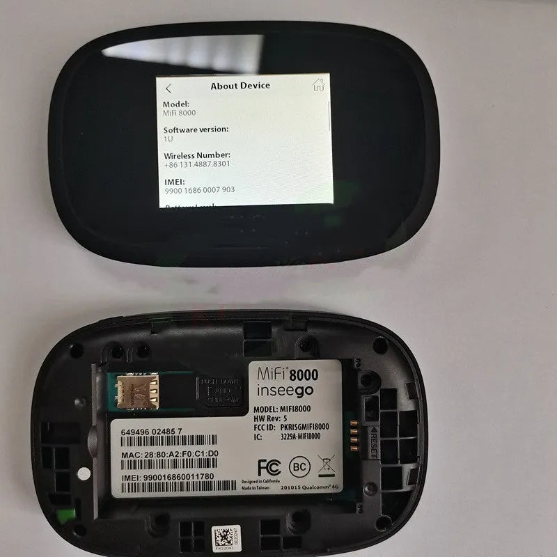 Black MFI8000 4G portable wireless router with battery and data cable.
