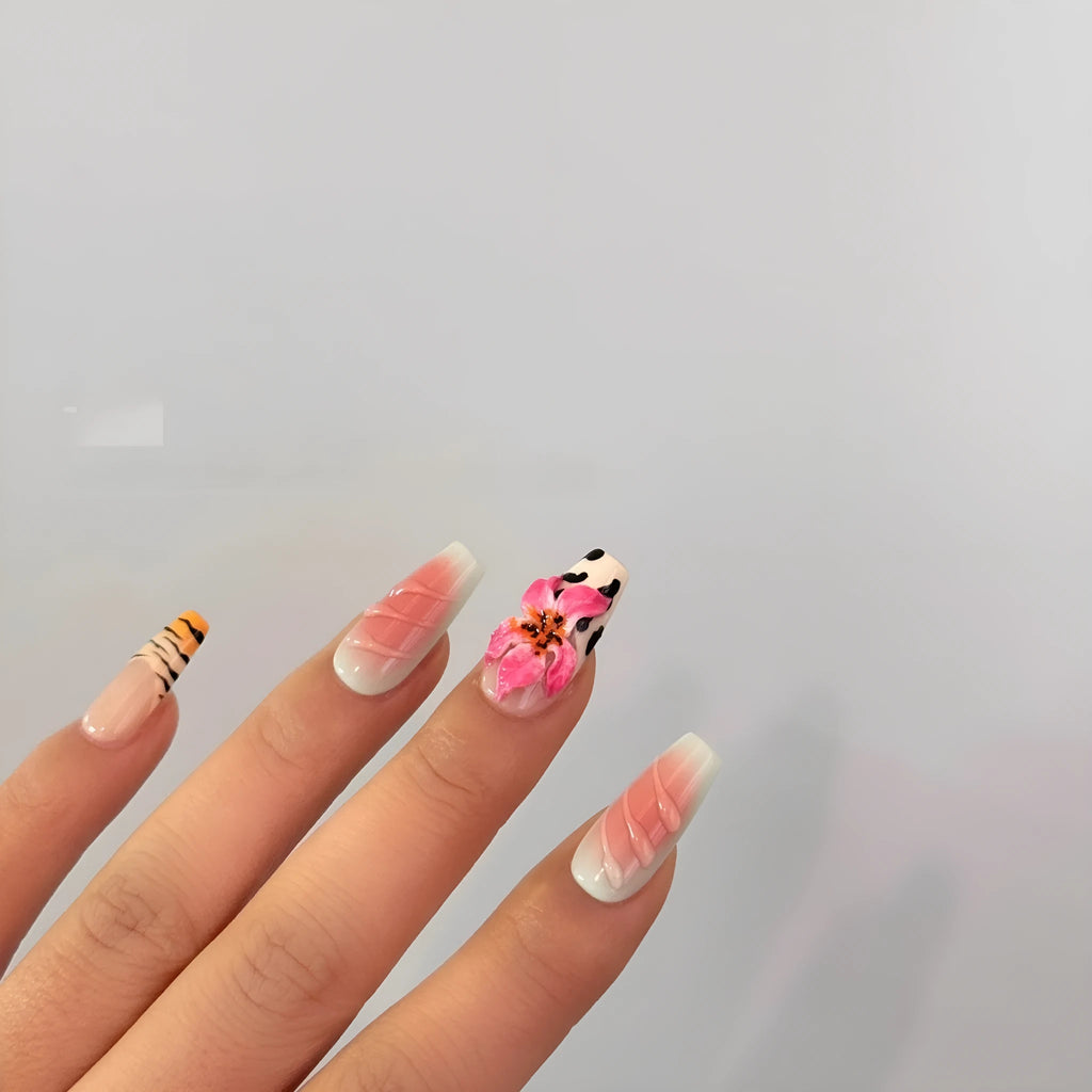 Hand-carved zebra pattern and lily floral nail art set with embossed leopard print.