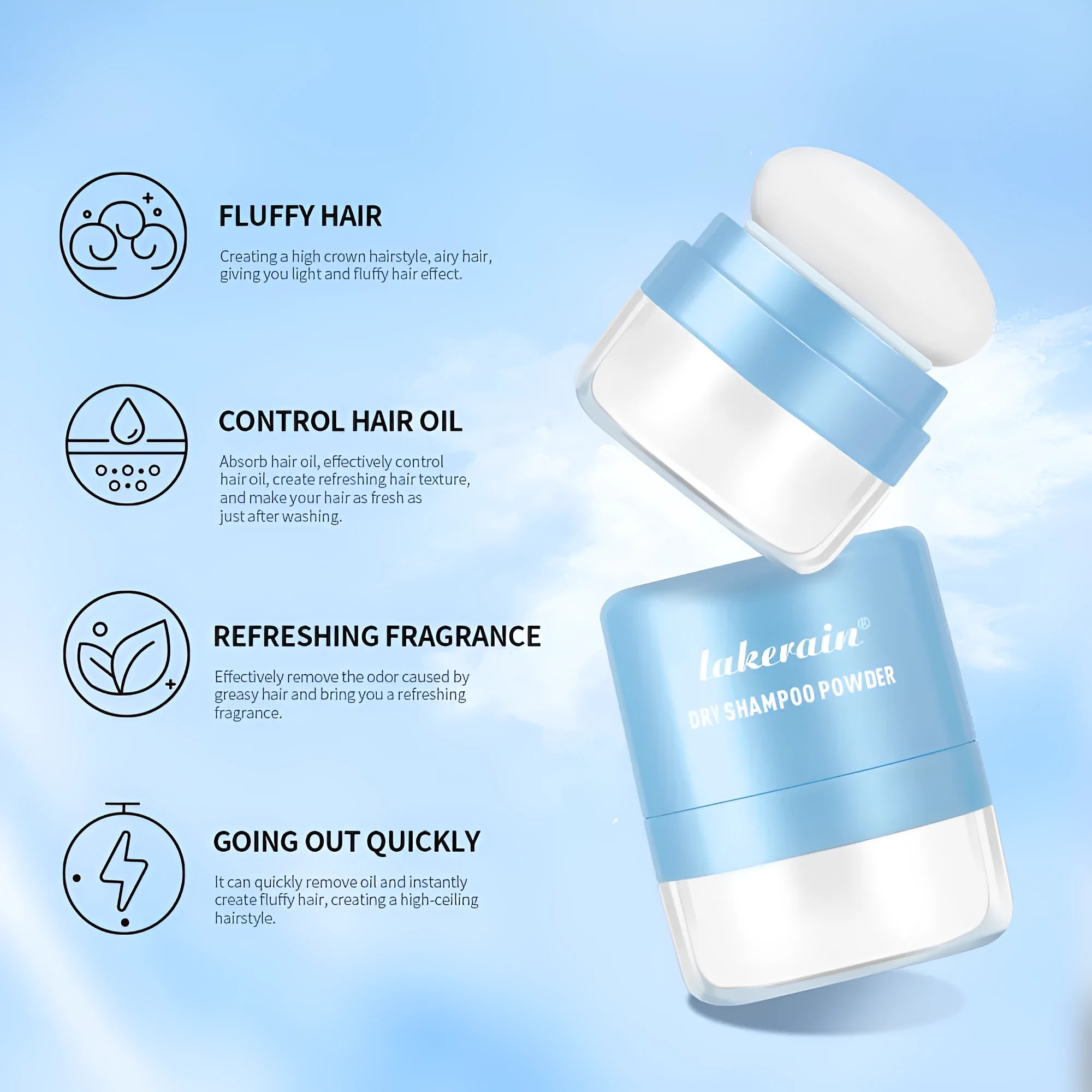 5g dry shampoo powder for hair with disposable sponge applicator in ocean, floral or cherry fragrance