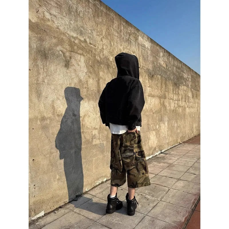 Men's camouflage cropped jeans with retro patch ripped detailing on straight cut loose fit