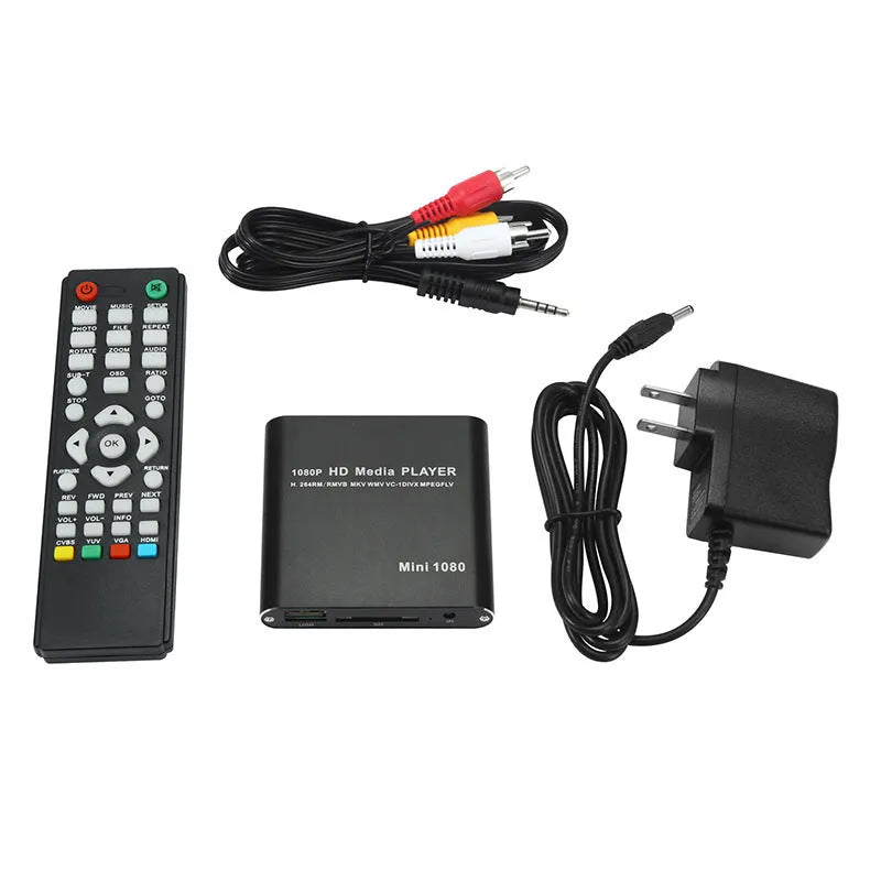 Compact blue and black all-metal 1080P Full HD media player with HDMI port for SD cards and USB drives.