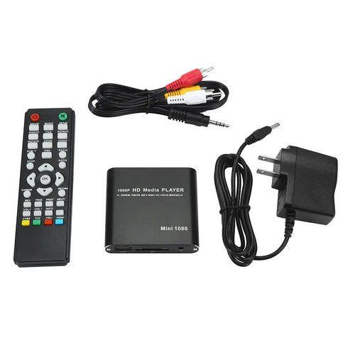 Compact blue and black all-metal 1080P Full HD media player with HDMI port for SD cards and USB drives.
