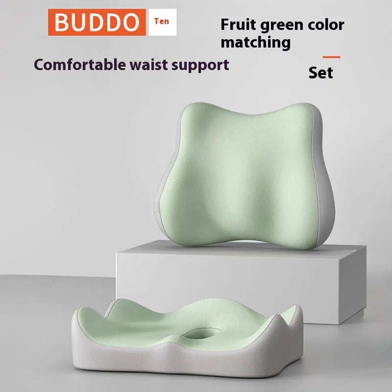 A waist rest seat cushion with memory foam filler for office use, shown in a blue and grey colour combination.