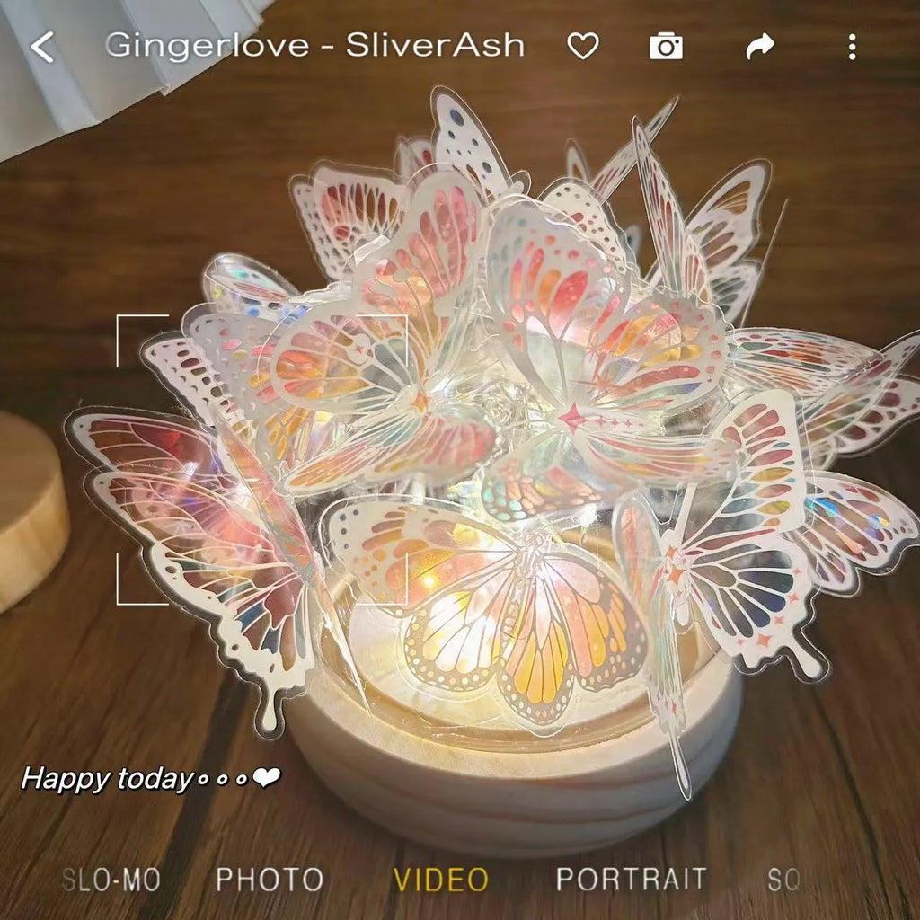 Handmade butterfly night lamp with glass shade on raw wood base, 12x15cm bedside light.