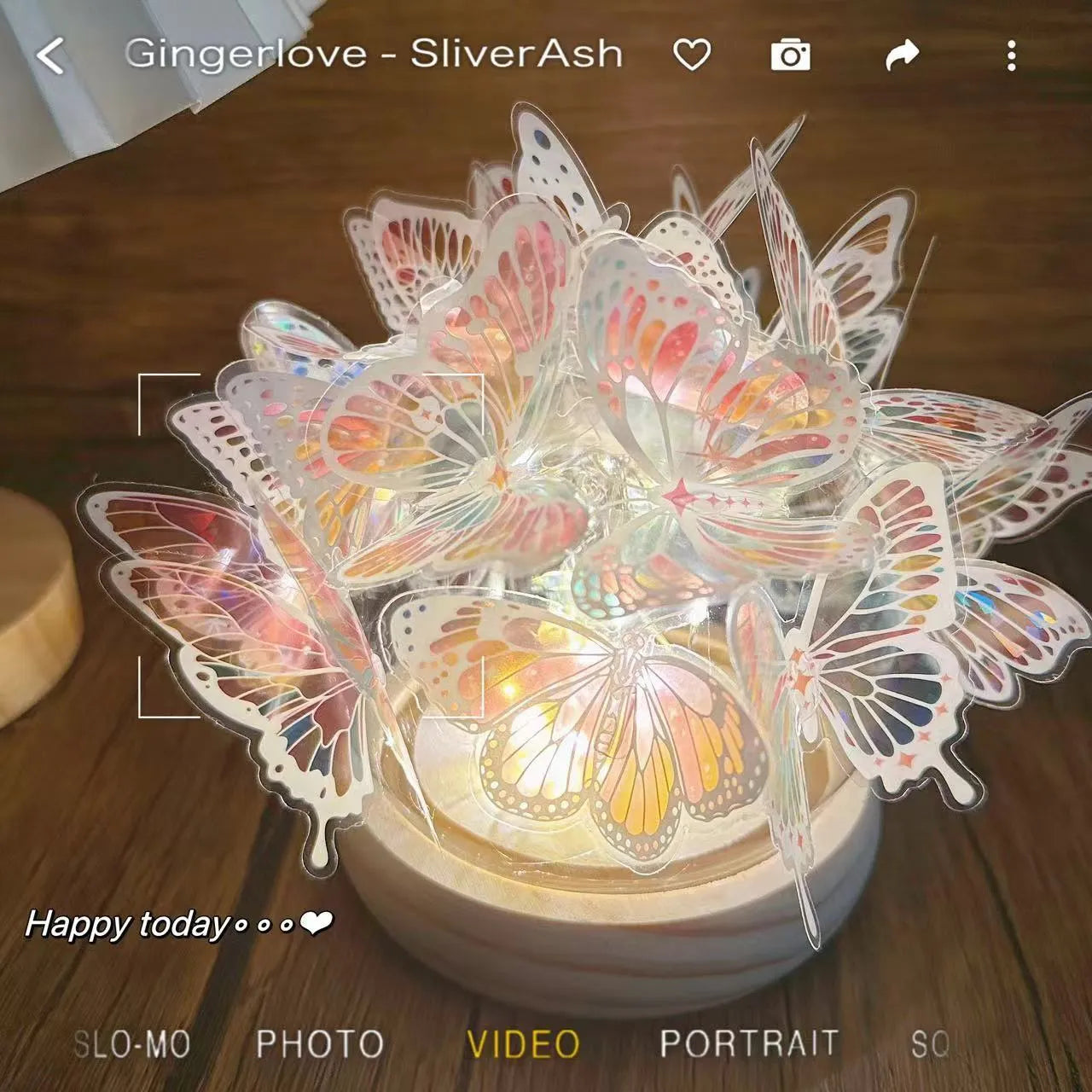 Handmade butterfly night lamp with glass shade on raw wood base, 12x15cm bedside light.