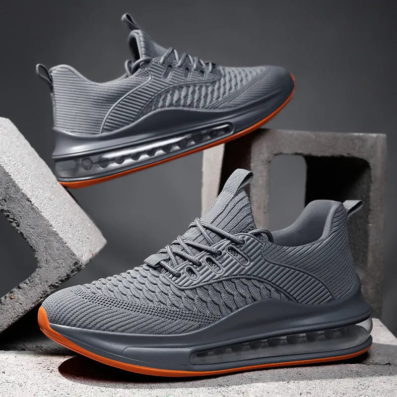 Men's black mesh running shoes with round toe and lace-up front closure