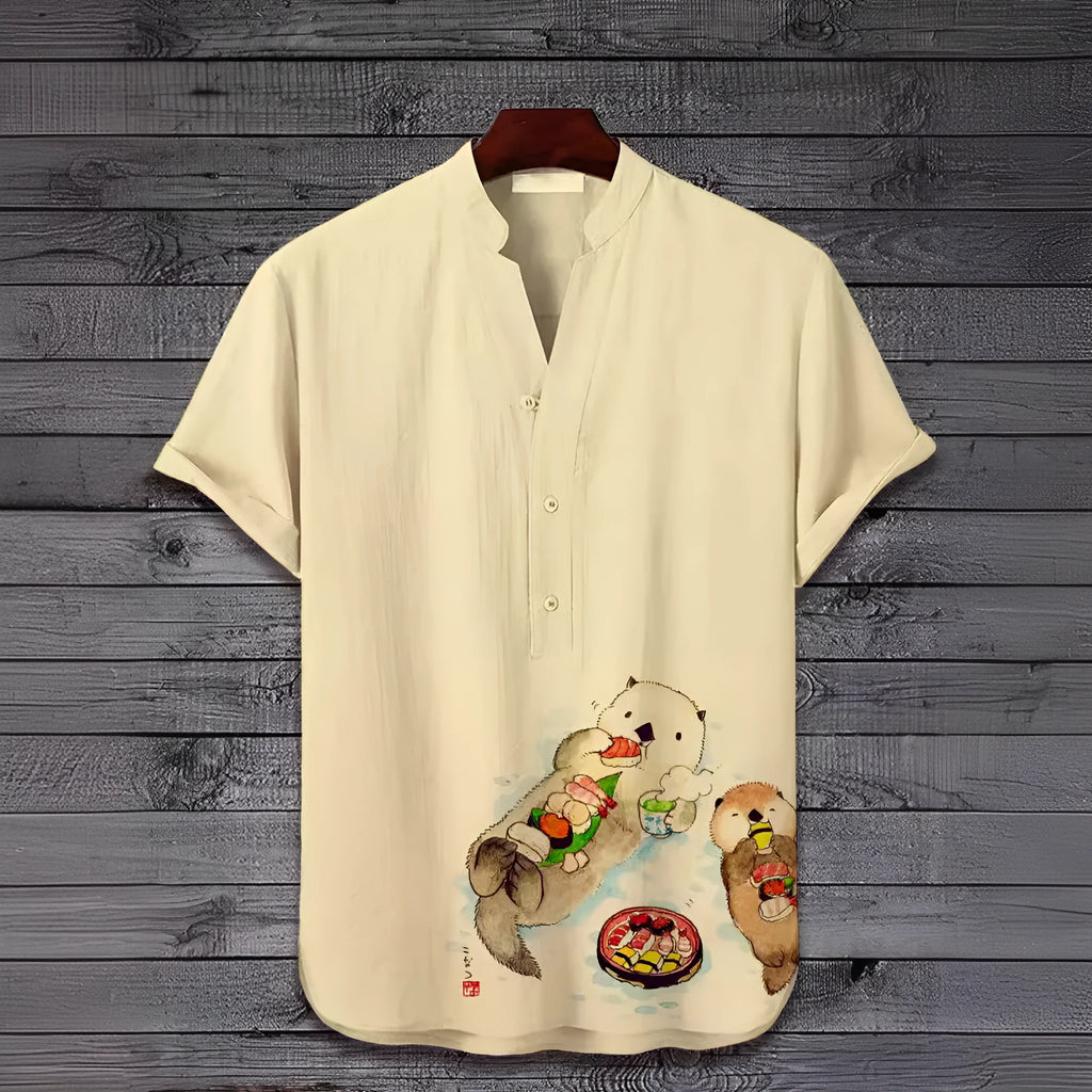 Men's 3D digital animal print short sleeve shirt in polyester fabric showing vibrant design