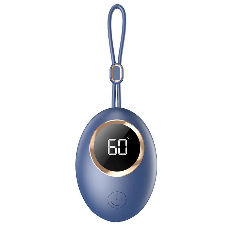 USB digital display hand warmer in pink, showing aluminium heating pad and screen