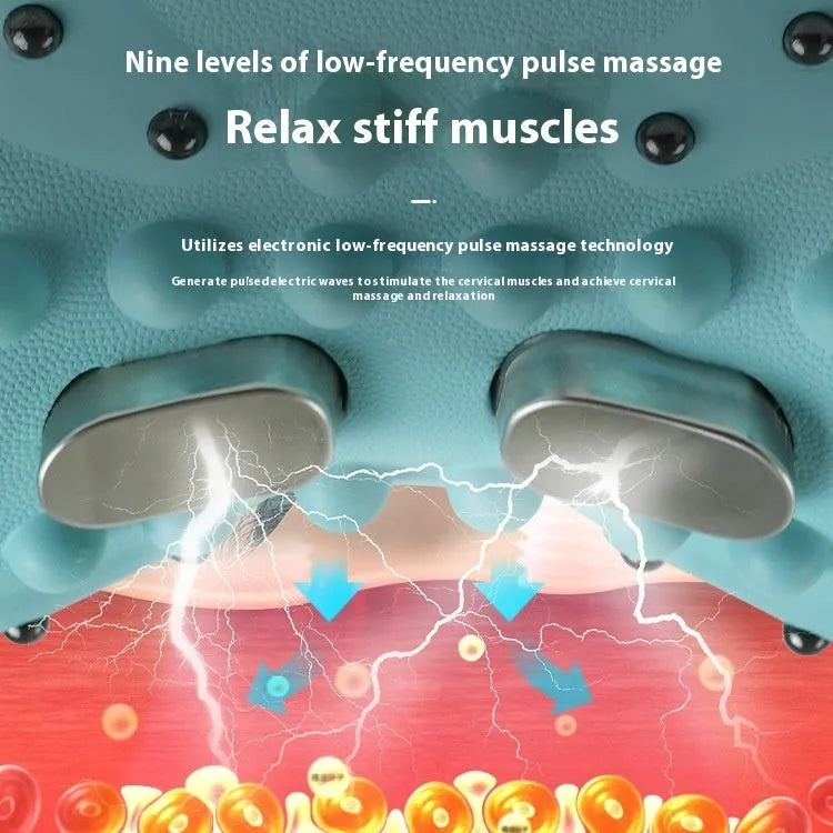 Blue-green portable EMS shoulder and neck massage pillow showing compact size