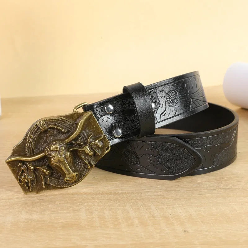 Men's black imitation leather belt with a detailed silver alloy cow head buckle and pin fastening.