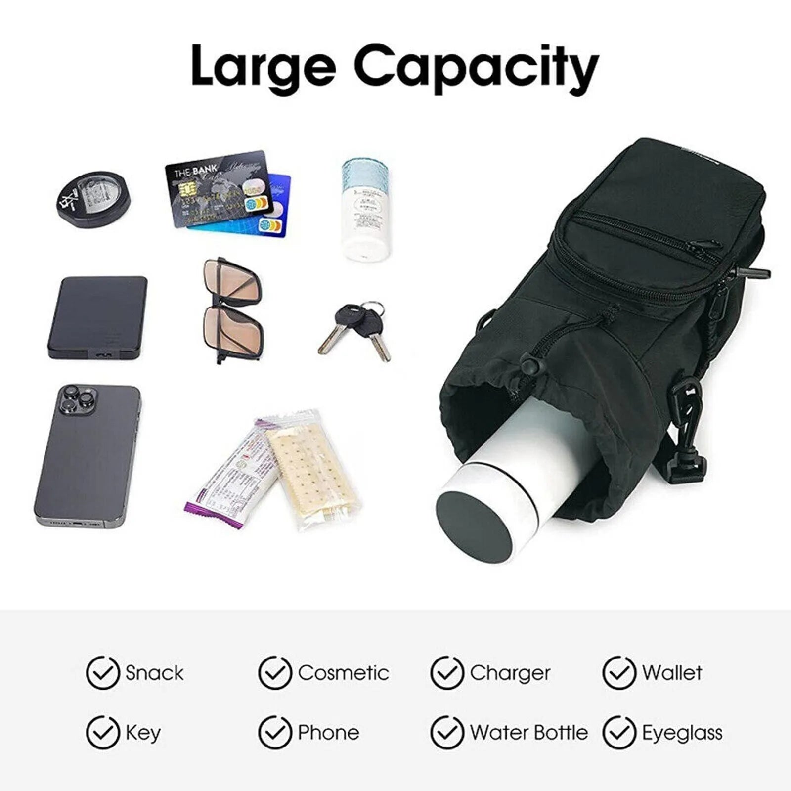 Canvas water bottle shoulder bag with crossbody strap in black, green, and pink colour options.