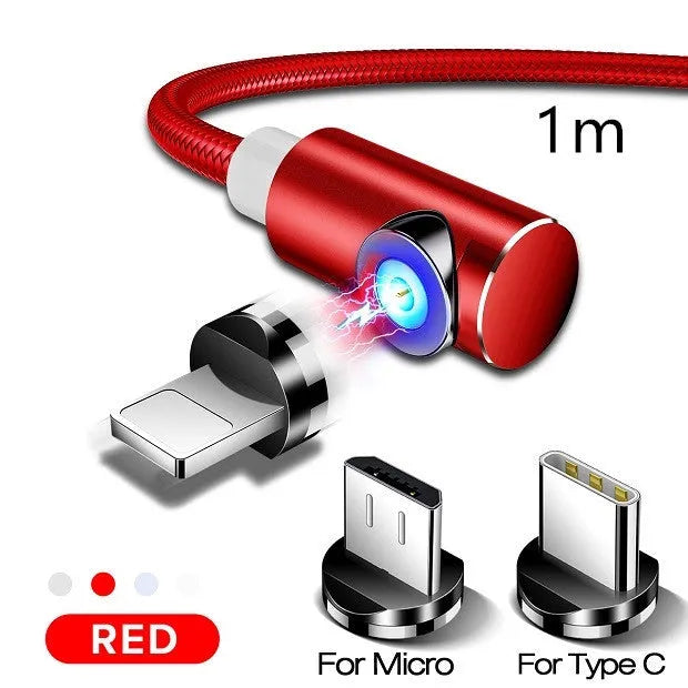 Black magnetic charging cable with aluminium housing and LED light indicator showing magnetic connectors