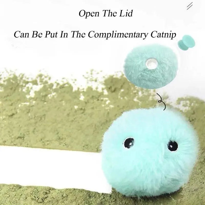 Interactive cat toy ball producing animal sounds when touched, available in blue, pink, and yellow