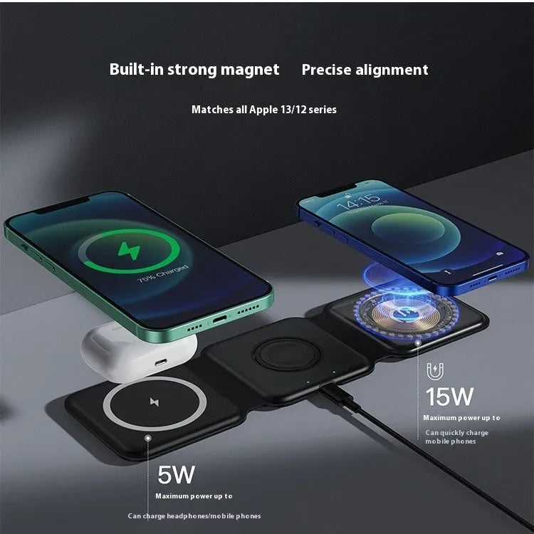 3 In 1 Magnetic Wireless Charging Folding Mobile Phone Holder Black White ABS Silicone USB-C Input 9V 2A 9V 3A Output 15W 10W 7.5W 5W 2.5W Foldable Design for Multiple Devices
