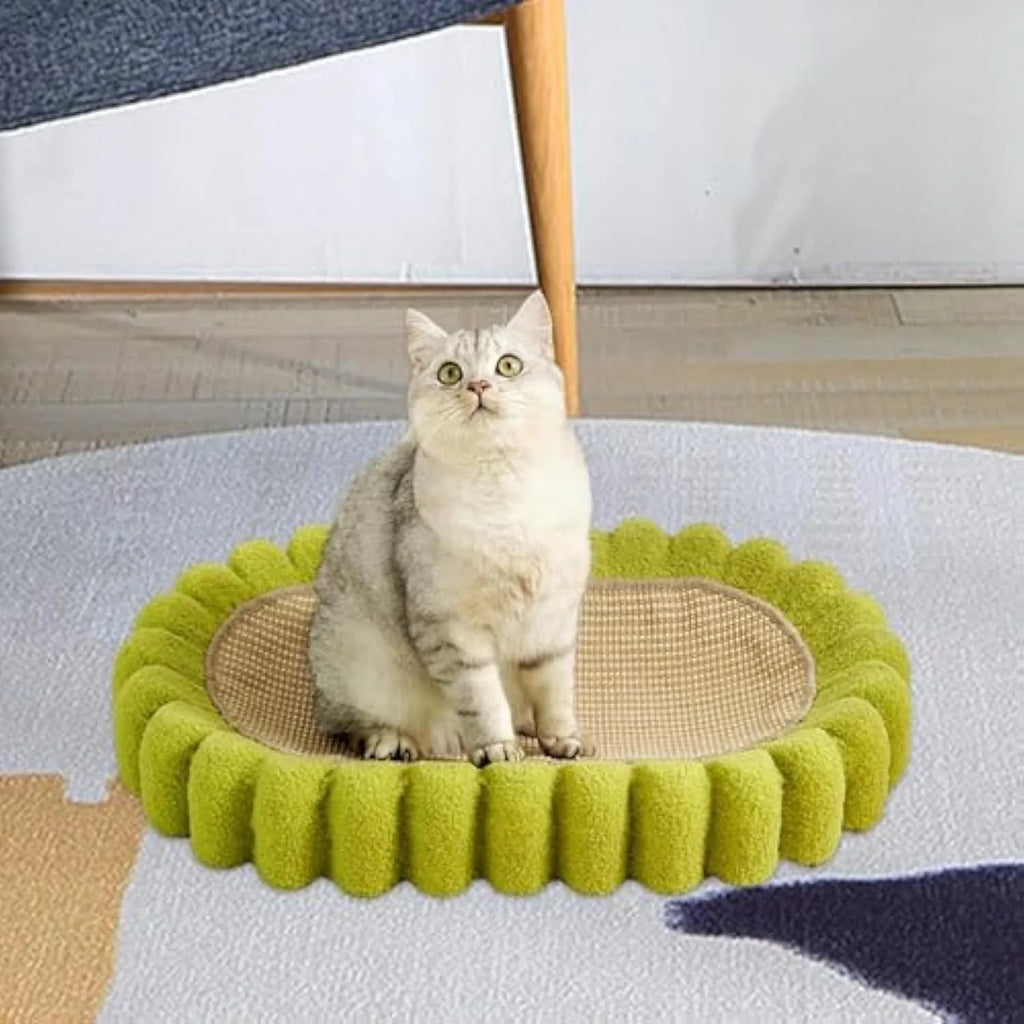 Green oval cat scratcher bowl bed with sisal scratching surface measuring 65cm