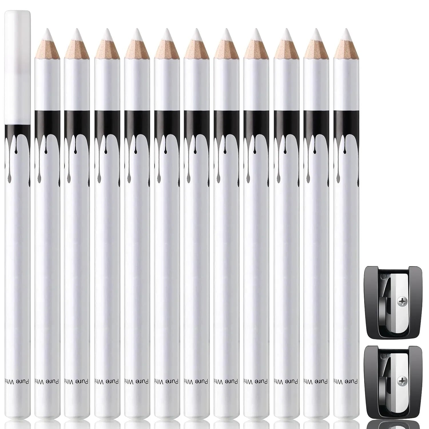 12 white and black retractable eyeliner pencils with sharpener for multi-use cosmetic application