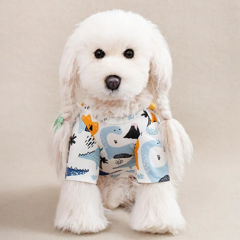 Printed polyester dog t-shirt in casual style for spring and autumn wear with size chart showing weight ranges and measurements