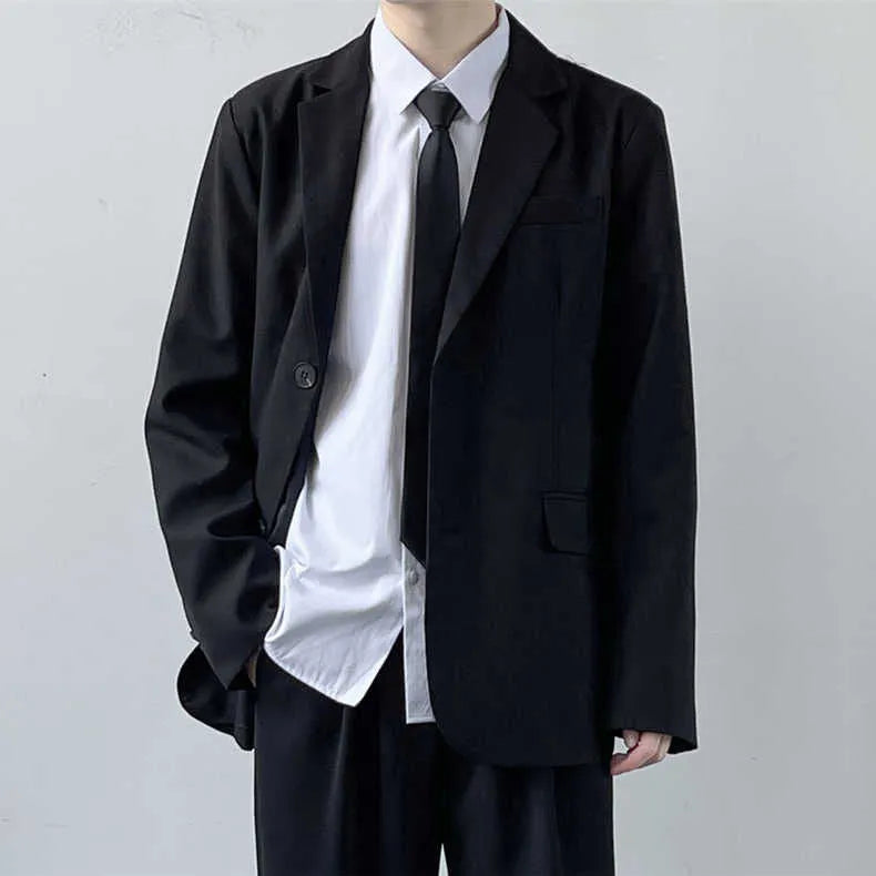 Men's plus size suit jacket set with trousers, white shirt, and tie in college style