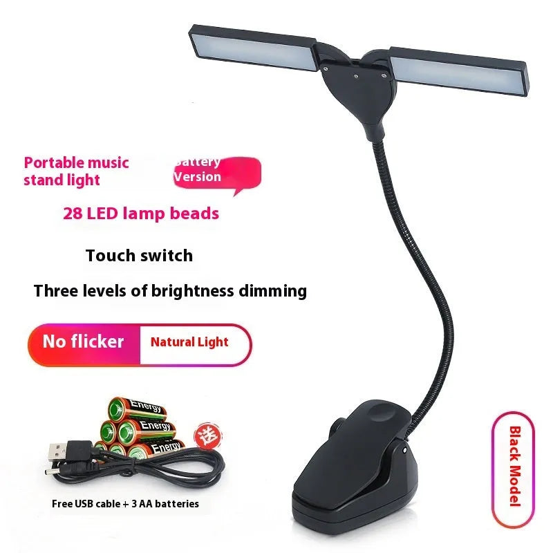 Black rechargeable music stand lamp with 28 LEDs clipped to metal music stand