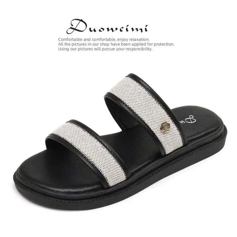 Women's brown vintage flip-flops with soft sole and artificial PU upper material